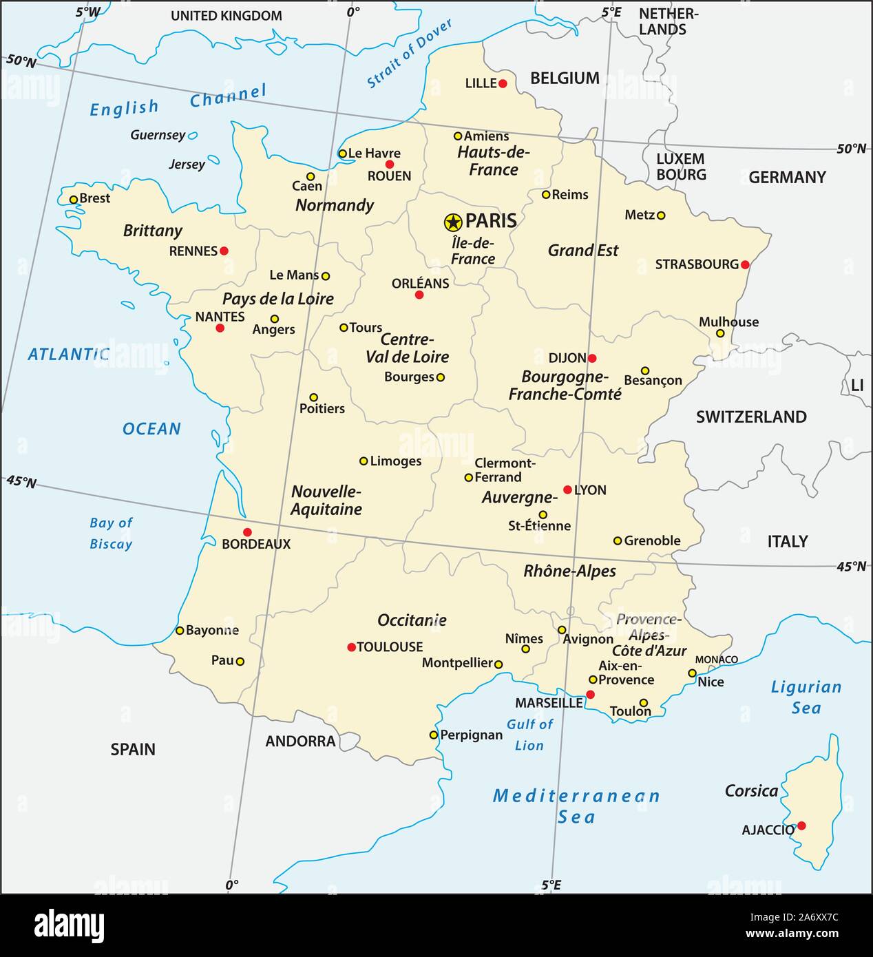 Administrative Karte von Frankreich mit Breiten- und Längengrad Stock Vektor