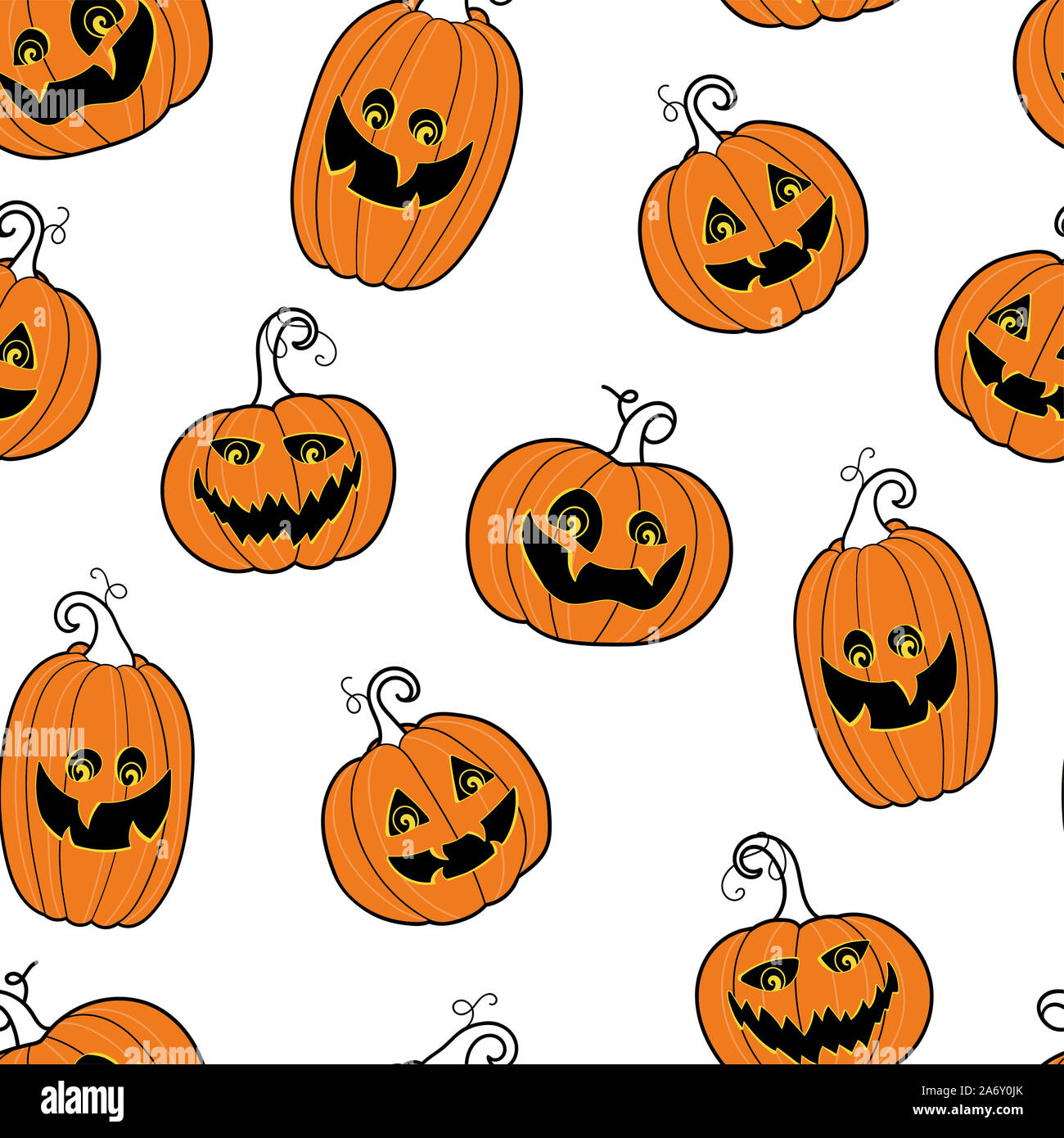 Süße und Lustige Halloween Kürbisse nahtlose Muster, lächelnden Kürbis Gesichter - ideal für Halloween Wallpaper, Banner, Drucke oder Einladungen. Stockfoto