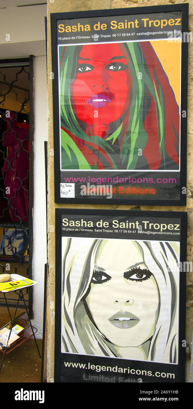 Brigitte Bardot Bilder zum Verkauf in St. Tropez, Frankreich Stockfoto