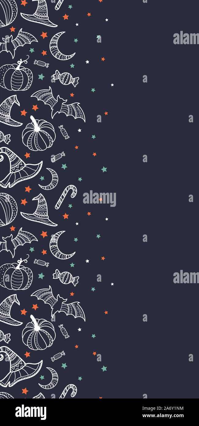 Kreative halloween nahtlose Muster, Hand gezeichnet Kürbisse, Fledermäuse, Hexen Hüte und Süßigkeit, detaillierten Verzierungen, toll für Textilien, Banner, Wallpaper, inv Stockfoto