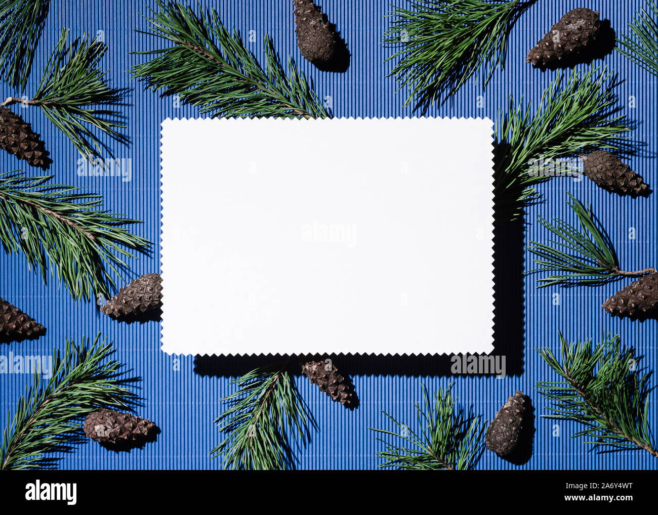 Happy holidays Hintergrund mit Kopie Platz für Text. Weiss Hinweis Blatt Papier auf Blau. pine Zweige und Zapfen, Dekoration Stockfoto