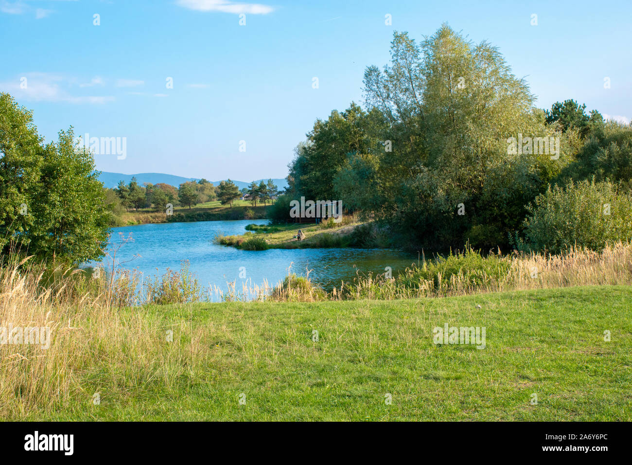 Schöne fische Teich in der Nähe von Diviaky, Turcianske Teplice, Slowakei im sonnigen Sommertag. Angeln statt. See. Slowakische Natur. Stockfoto