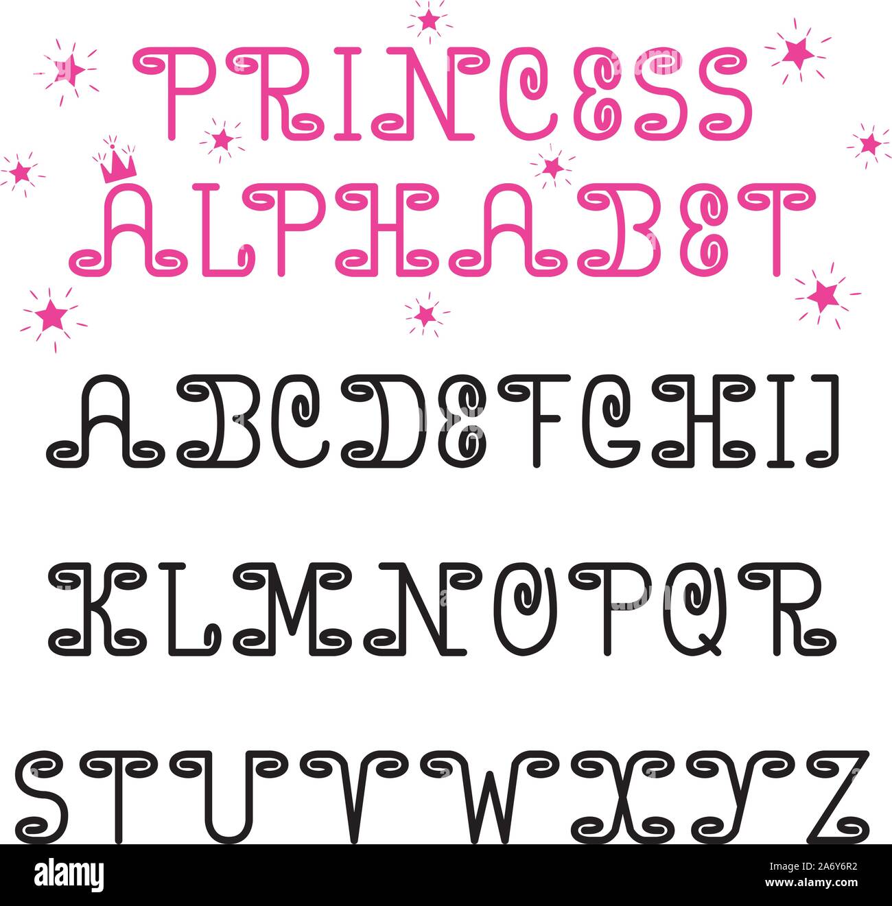 Prinzessin Vektor alphabet Schrift. Niedlich mit Locken englischen Buchstaben. Für Mädchen, für Kinder, für Mütter, für Karten, Alben, Stock Vektor