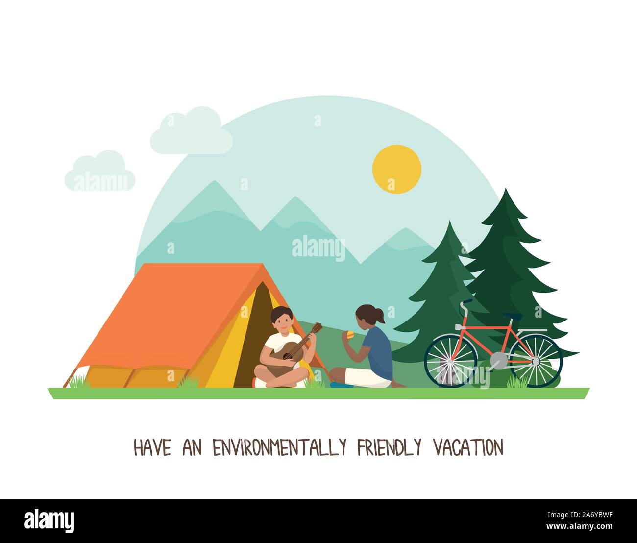 Grünes Wohnen und Nachhaltigkeit Tipps: umweltfreundliche Ferien im Freien mit Zelt und Fahrräder Stock Vektor