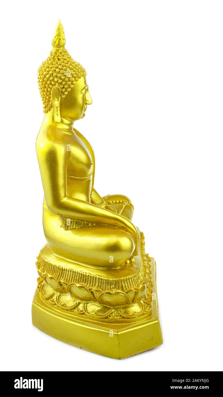 Buddha Statue aus Gold an vereinzelten weißen Hintergrund Stockfoto
