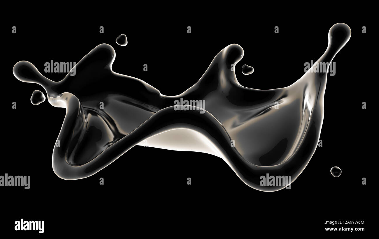 Schwarzer Hintergrund mit Spritzen der Flüssigkeit. 3D-Rendering, 3D-Darstellung. Stockfoto