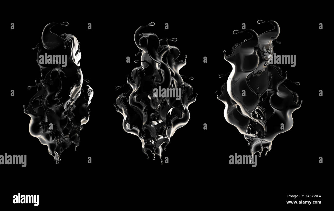 Schwarzer Hintergrund mit Spritzen der Flüssigkeit. 3D-Rendering, 3D-Darstellung. Stockfoto