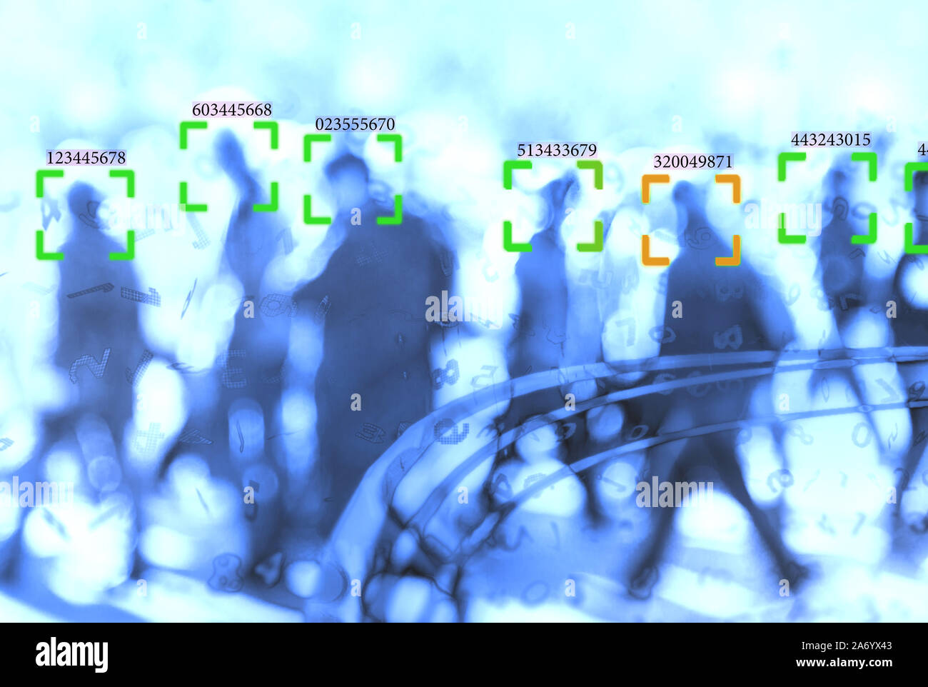 Gesichtserkennungstechnologie Konzept Abbildung: große Daten- und Sicherheit in der Stadt mit Masse Stockfoto