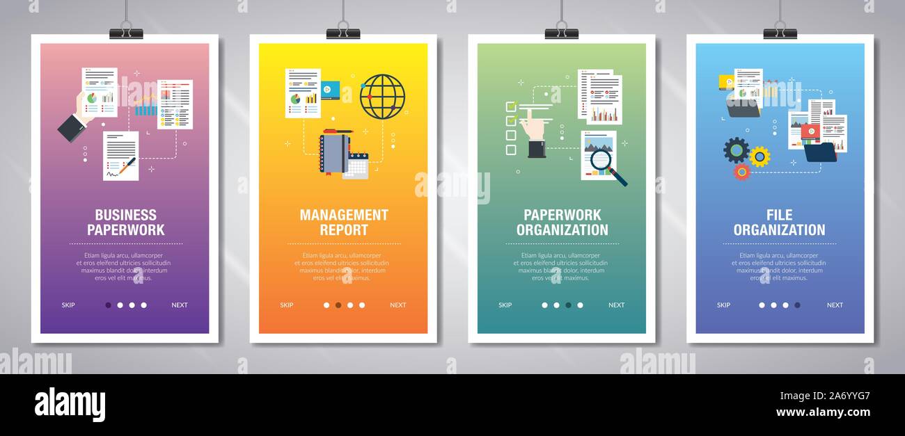 Der Vektor der vertikalen Web Banner mit Business Schreibarbeit, Lagebericht, Schreibarbeit Organisation, Datei Organisation. Vektor banner Vorlage für w Stock Vektor