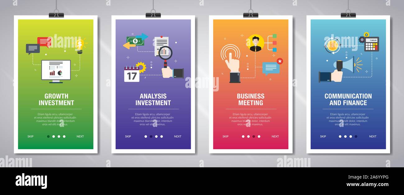 Banner mit Symbolen für Internet auf Websites oder App Vorlagen mit Wachstum der Investitionen, Analyse Investment, Business Meeting, Kommunikation und Finan eingestellt Stock Vektor
