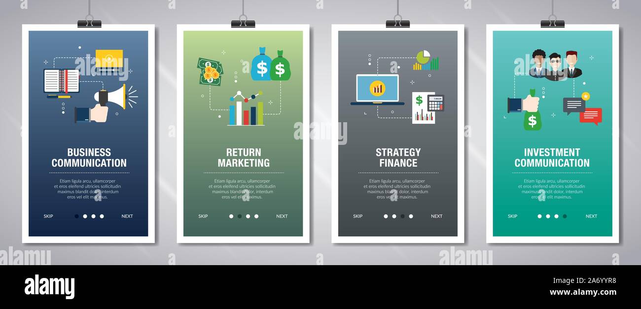 Banner mit Symbolen für Internet auf Websites oder App Vorlagen mit Business Communication, zurück Marketing, Strategie Finanzen und Investitionen communi Stock Vektor