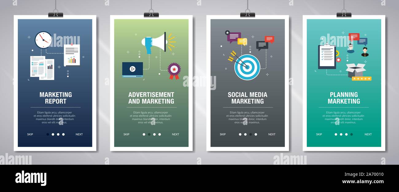 Banner mit Symbolen für Internet auf Websites oder App Vorlagen mit Marketing, Werbung und Marketing, Social Media Marketing, Planung m Stock Vektor