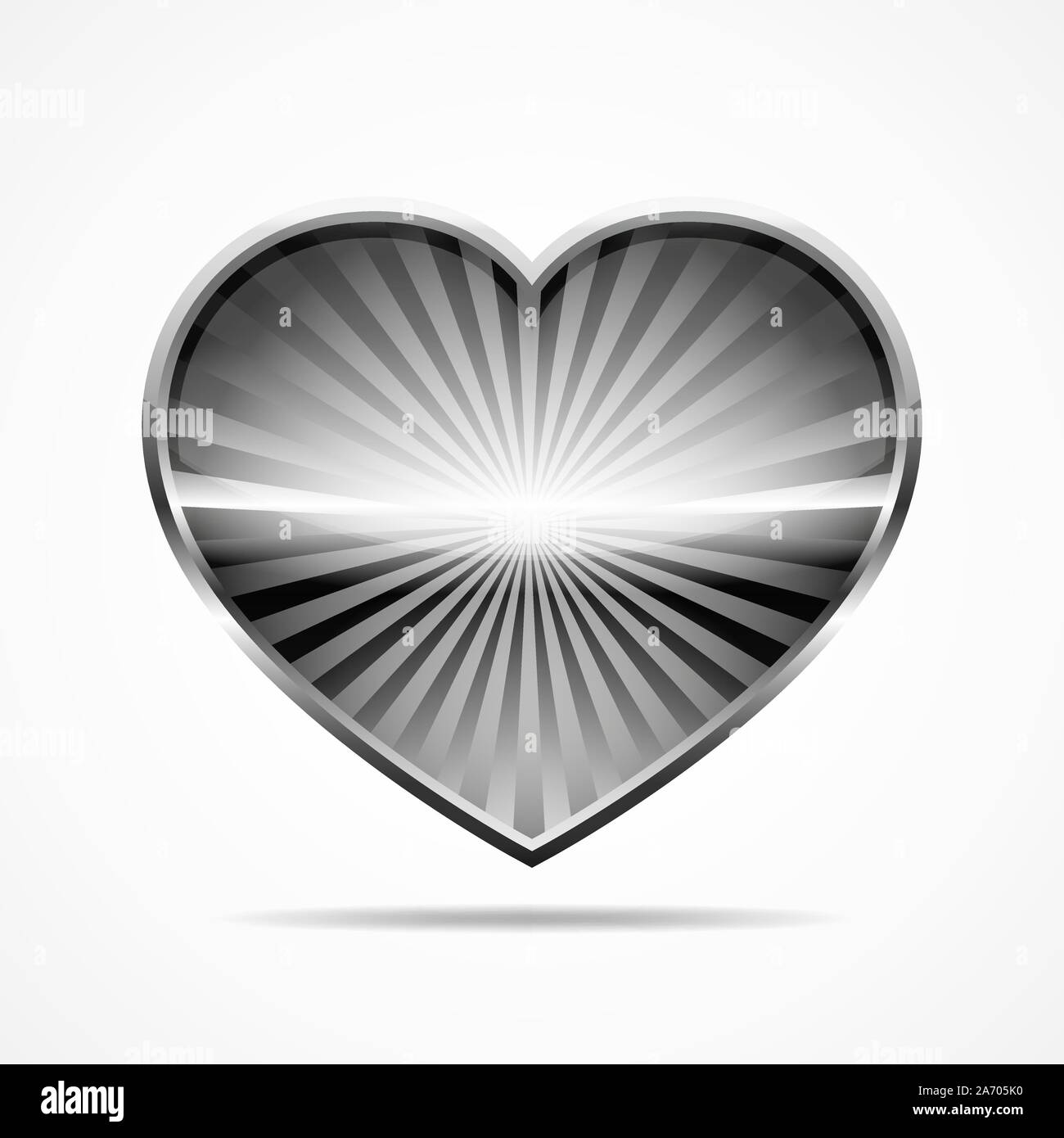 Grau Metallic Herzen zum Valentinstag. Abstraktes Herz mit Sonnenstrahlen, auf weißem Hintergrund. Vector Illustration. Stock Vektor