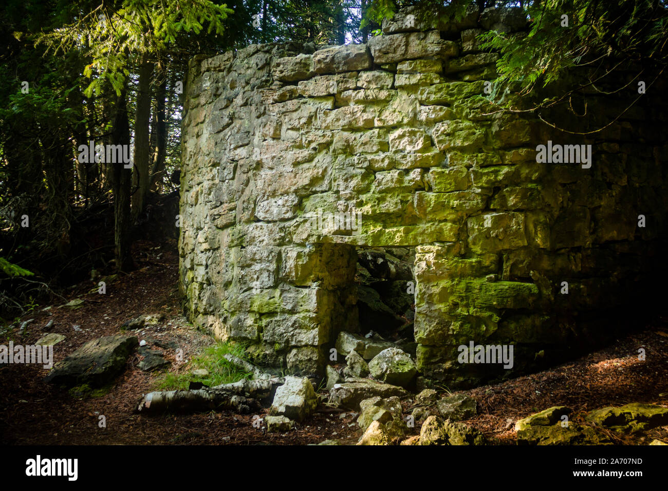 Historische Brennofen Ruinen im Wald an Toft Punkt in Door County, Wisconsin Stockfoto