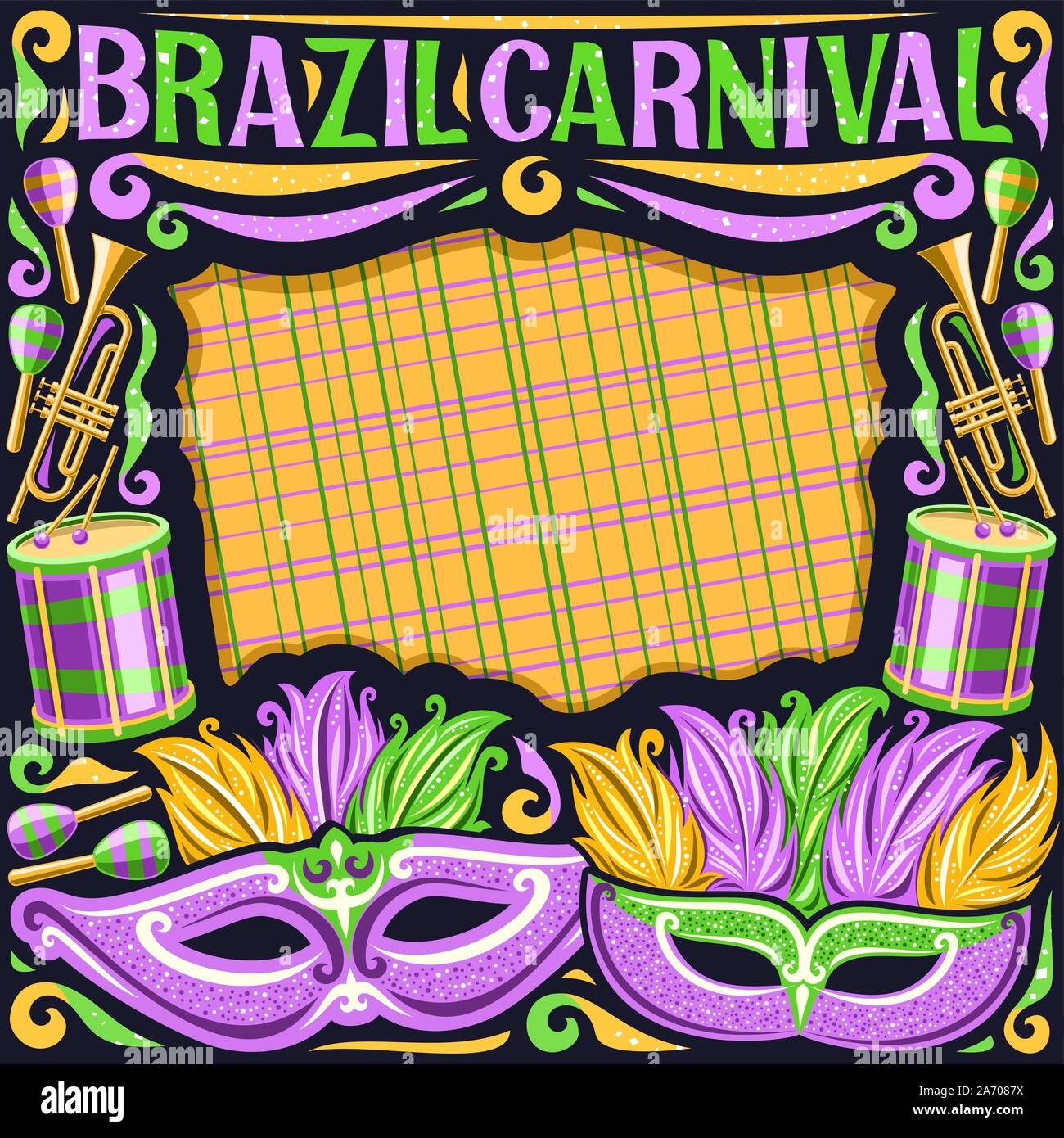 Vektor Rahmen für Brasilien Karneval mit Kopie Raum, Illustration von Purple mask, Schlagzeug mit Trommelstöcken, Layout für Karneval in Rio de Janeiro, original Stock Vektor