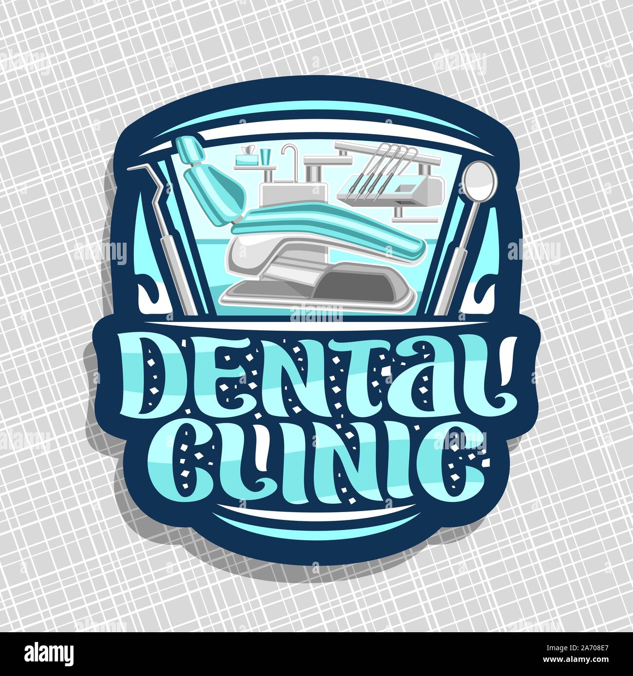 Vektor logo für zahnmedizinische Klinik, mit Darstellung der Moderne Zahnarzt Schrank mit leeren Stuhl und Zahnheilkunde zahnärztliche Instrumente, original Pinsel lett Stock Vektor