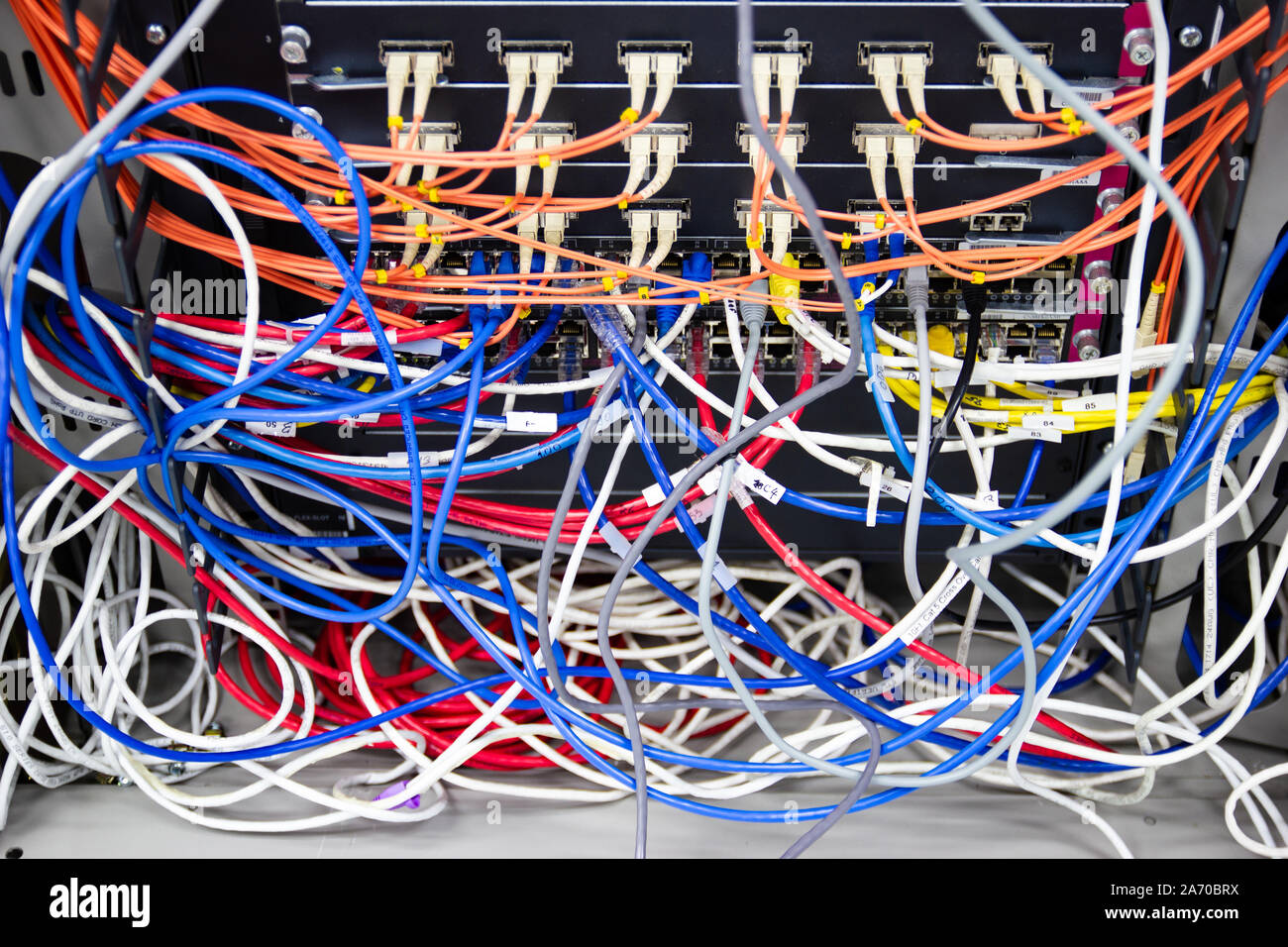 Kabel Netzwerk im Serverraum Kabelsalat von Schlecht verlegtes Kabel Konzept organisierten Verkabelung im Serverraum Stockfoto