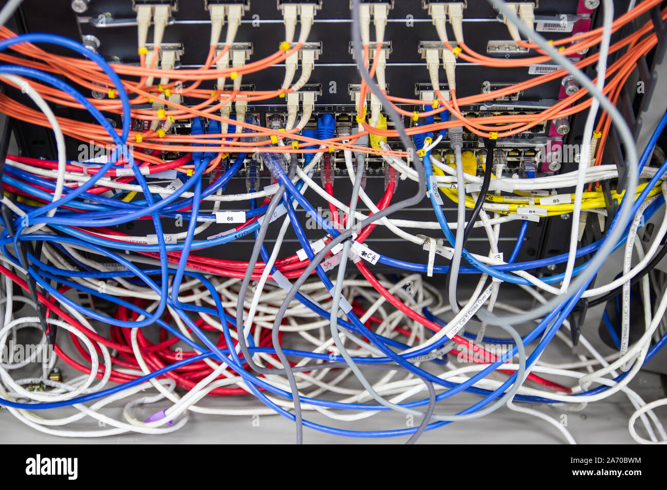 Kabel Netzwerk im Serverraum Kabelsalat von Schlecht verlegtes Kabel Konzept organisierten Verkabelung im Serverraum Stockfoto