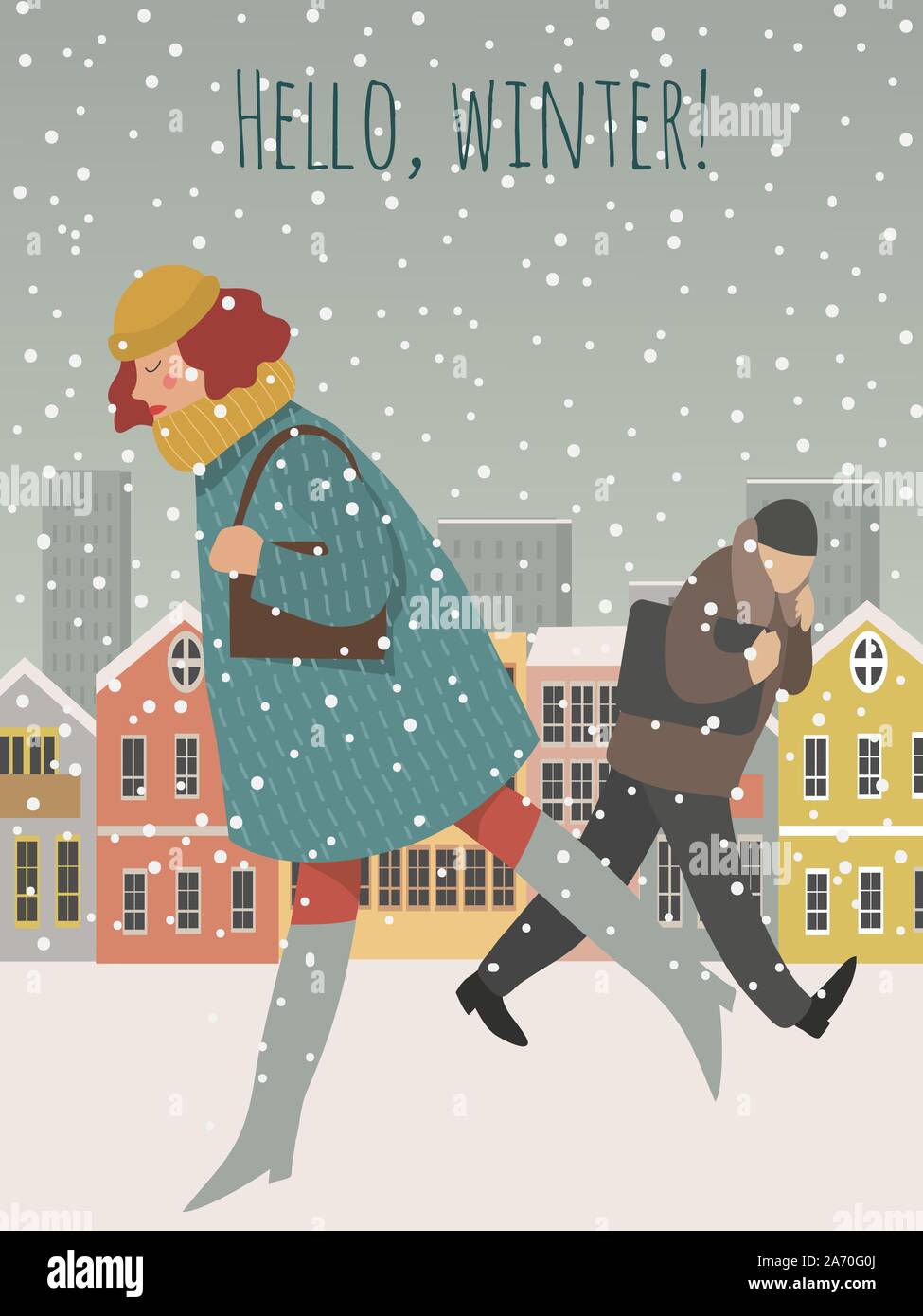 Wenige Menschen in der Stadt - moderne Konzept Abbildung: Leute, Wandern unter dem Schnee auf der Straße vor dem Hintergrund der städtischen verschneite Häuser Stock Vektor