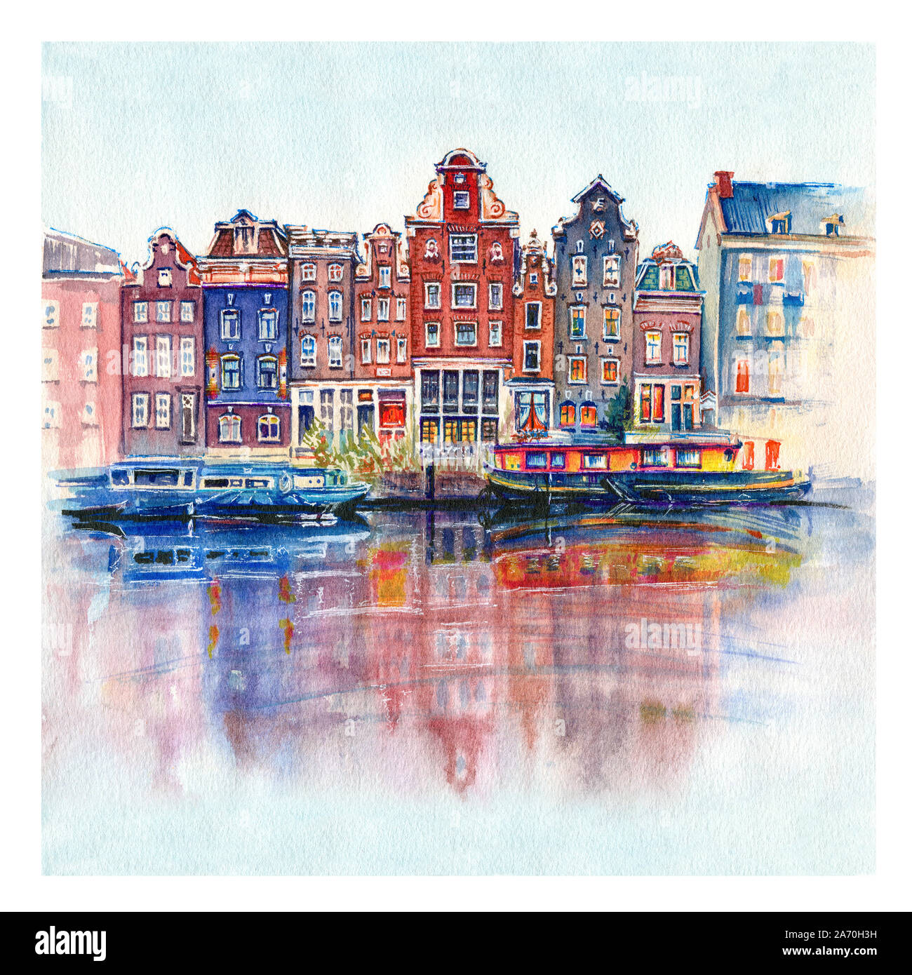 Aquarell Skizze von Amsterdam typische Häuser mit ihren Reflexionen in Canal, Holland, Niederlande Stockfoto