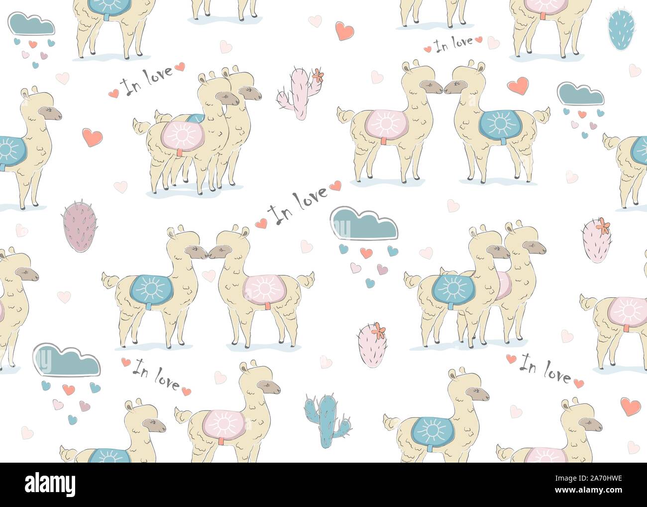 Nahtlose Weiß Lama Muster auf dunklem Hintergrund mit Wolken mit Herzen und Kakteen. Saint Valentine's Day. Hand gezeichnet, im skandinavischen Stil. Vektor Illust Stock Vektor
