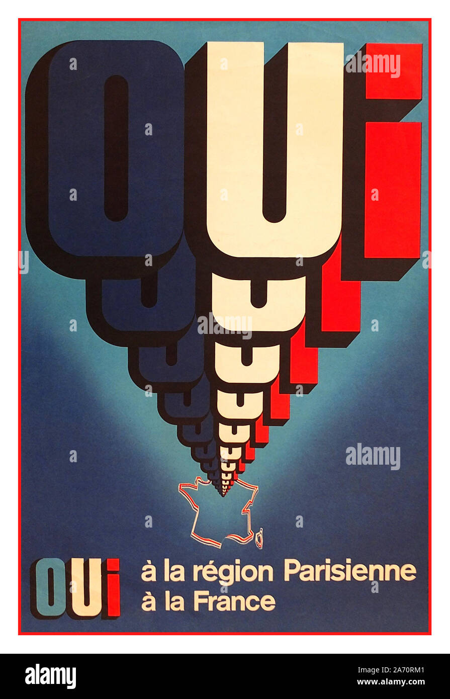 Vintage Französische Wahl politische Plakat OUI Charles de Gaulle blaue Wand Kunst Retro 1960s Referendum 1969 Les Blues ein verfassungsreferendum Trikolore wurde in Frankreich am 27. April 1969 statt. Die Reformen würden zu staatlichen Dezentralisierung und Änderungen in den Senat geführt haben. Es wurde von 52,4% der Wähler abgelehnt, und Versagen der Änderungen führten zu Präsident Charles de Gaulles Rücktritt. Dieses Poster wurde für ein Ja für diejenigen, die in der Region von Paris. "OUI à la Region Parisienne à la France' oder 'Paris stimmen Ja!' Stockfoto