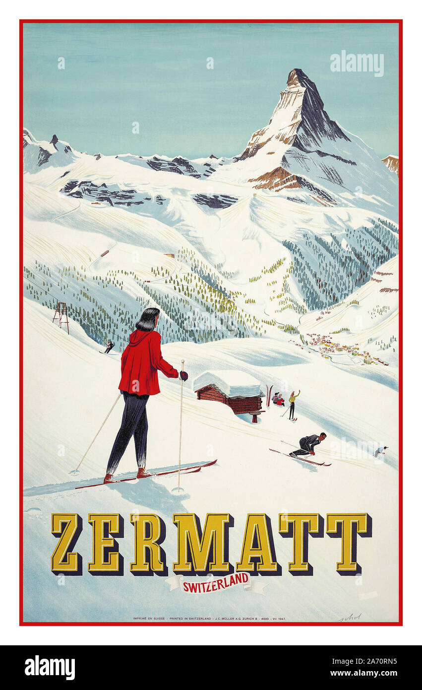 Vintage Zermatt Skiskiplakat mit Matterhorn hinter der Schweiz der 30er  Jahre Stockfotografie - Alamy