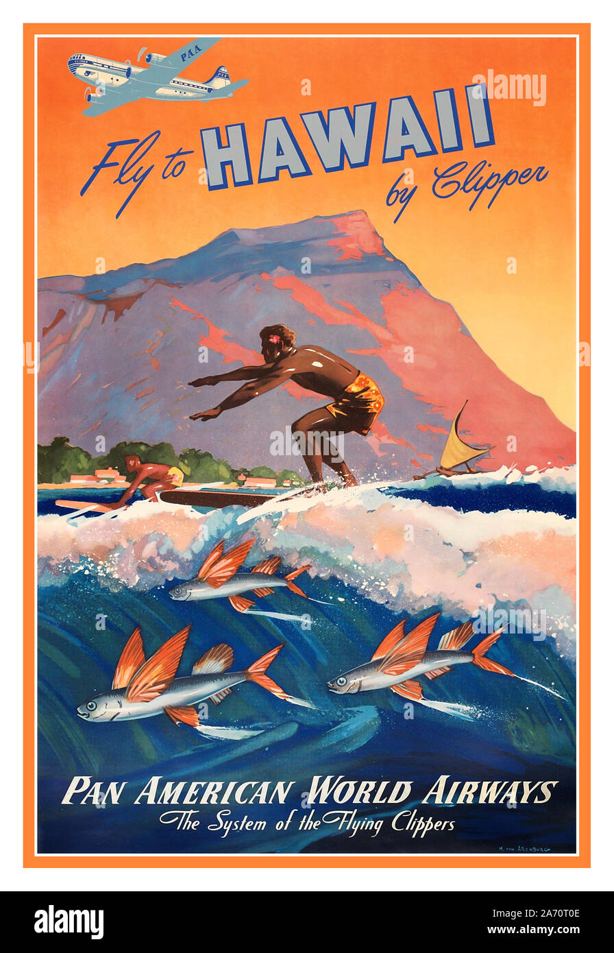 HAWAII SURFEN PAN AMERICAN 40er Retro Vintage American Airline travel Poster Werbung Hawaii über Pan American World Airways Clipper Service. "Das System der Flying Clippers Hawaii USA Stockfoto