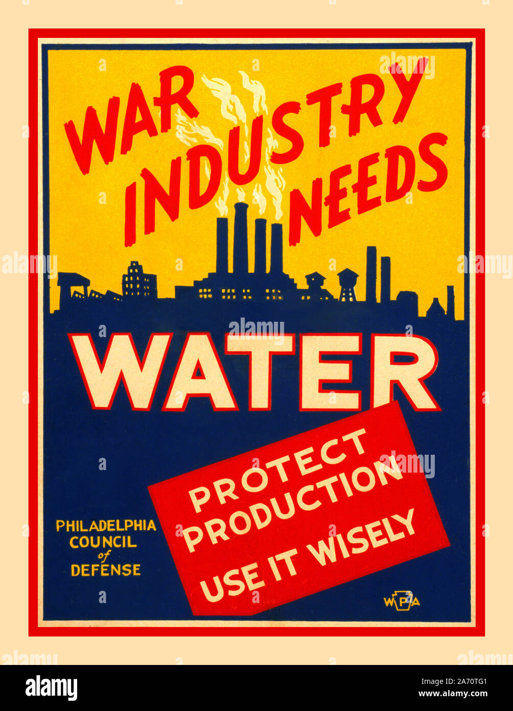 Vintage WW2 amerikanische Propaganda Informationen Poster USA 'Krieg der Industrie braucht Wasser 'Poster Förderung der Erhaltung von Wasser für den Krieg. Jan 21 1943. Künstler: Glenn Pearce.; durch Philadelphia Rat der Verteidigung gefördert. Den Jahren 1942/43 entstand Stockfoto