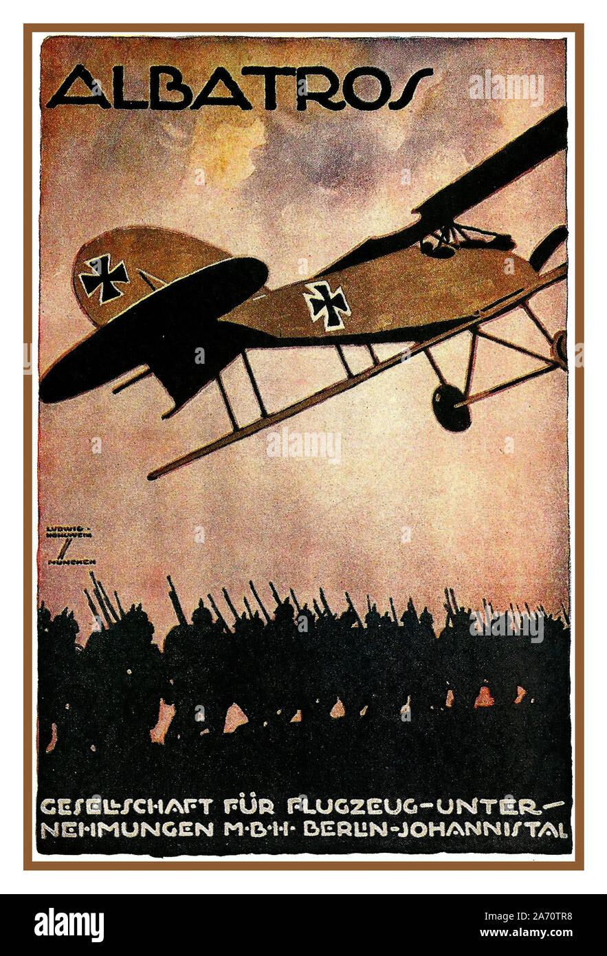 ALBATROS Vintage 1914 Deutscher WW1 Weltkrieg 1 Propagandaplakat für den Albatros Bi-Plane war es Deutschlands größter Flugzeugbauer. Zu einem Zeitpunkt waren 60 % der deutschen Frontkämpfer Albatros Aircraft „The Company for Aircraft Operations Berlin Germany“ Stockfoto