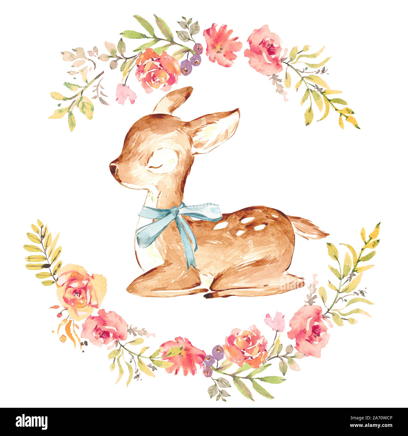 Cute Aquarell Baby Deer von rose Blumen Kranz umgeben. Über weiß. Schlafendes Baby Hirsch mit dem blauen Band. Isoliert. Baumschule drucken für Baby Stockfoto