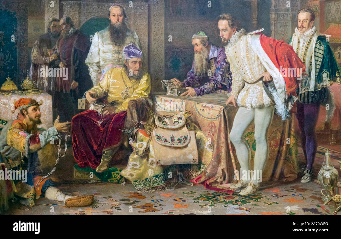 Ivan der Schreckliche zeigt Schätze an den englischen Botschafter Jerome Horsey. Nach einem Gemälde von Alexander Litovchenko. In der Malaga bran ausgestellt Stockfoto