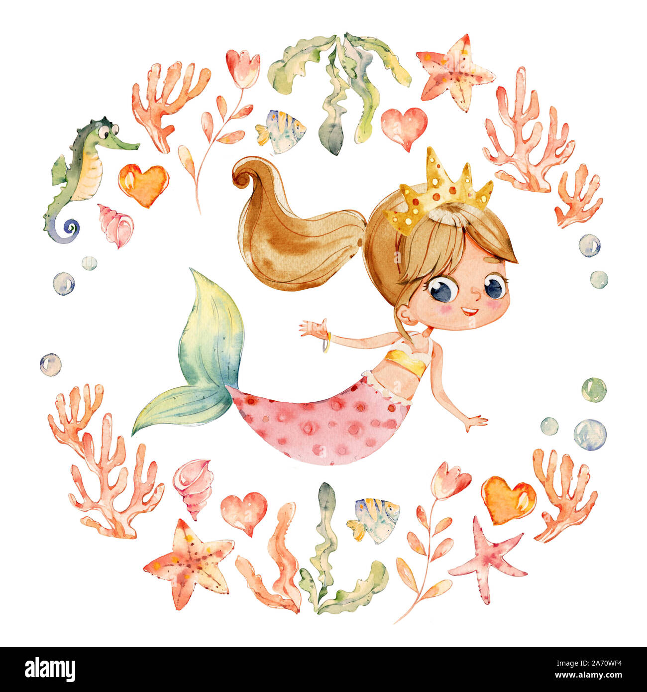 Mermaid Aquarell von Frame von Meer Elemente, Seepferdchen, Korallen, Blasen, seashells umgeben, Anker, Algen. Ozean Kit. Junge Unterwasser Frau Stockfoto