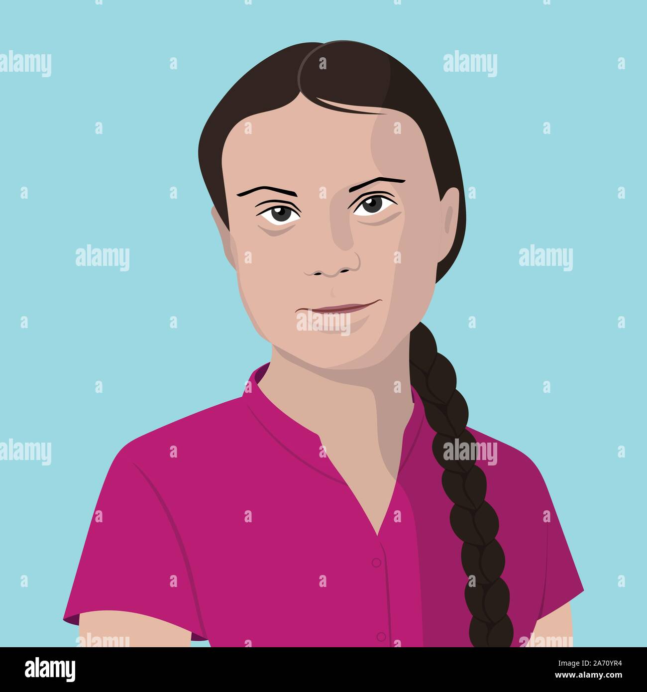 Flache vektor Cartoon Illustration von Greta Thunberg, Teenager Umweltaktivist, in rosa Hemd und geflochtenem Pferdeschwanz für UN'Wie können Sie es wagen" die Rede. Stock Vektor