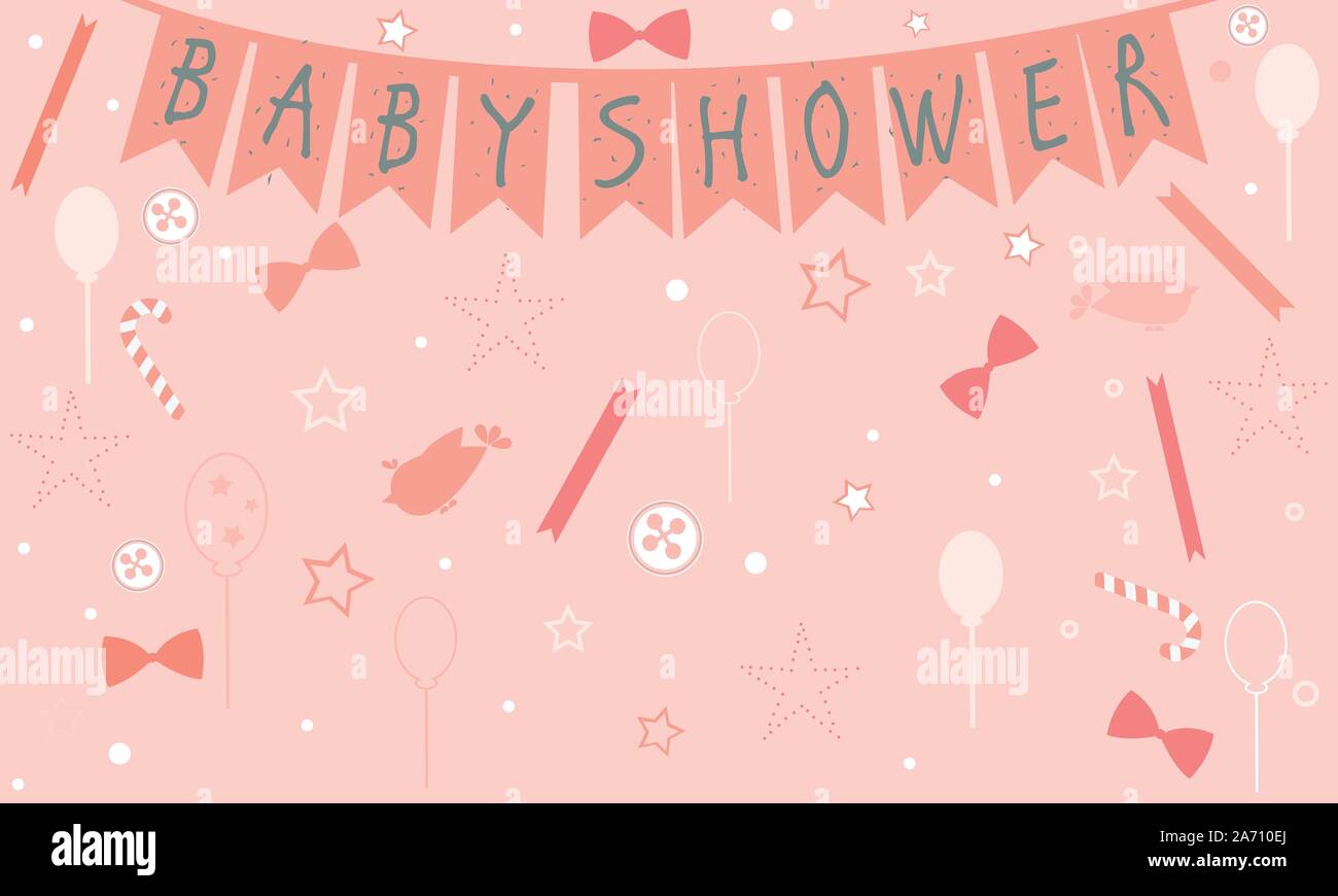 Baby-dusche-Feier Card Design mit Vögeln, festliche Luftballons, Bonbons, Bögen, Knöpfe usw. Baby-dusche-Sammlung. Vector Illustration Stock Vektor