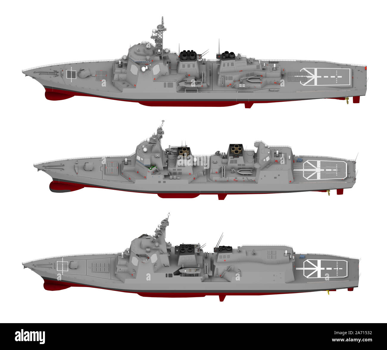 Sammlung von Kriegsschiffen isoliert auf Weiss. 3D-Rendering Stockfoto