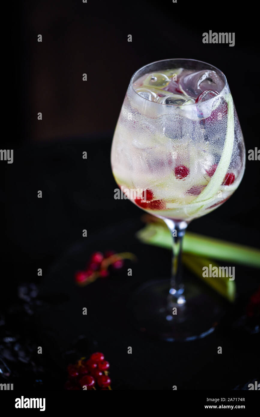 Tonic Gin mit frischen Rhabarber und Rotbeeren Stockfoto