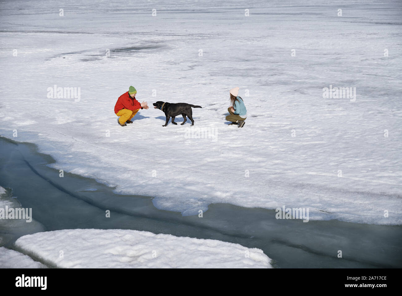 Junge erwachsene Paare im Freien mit Hund Spaß im Winter Landschaft Stockfoto