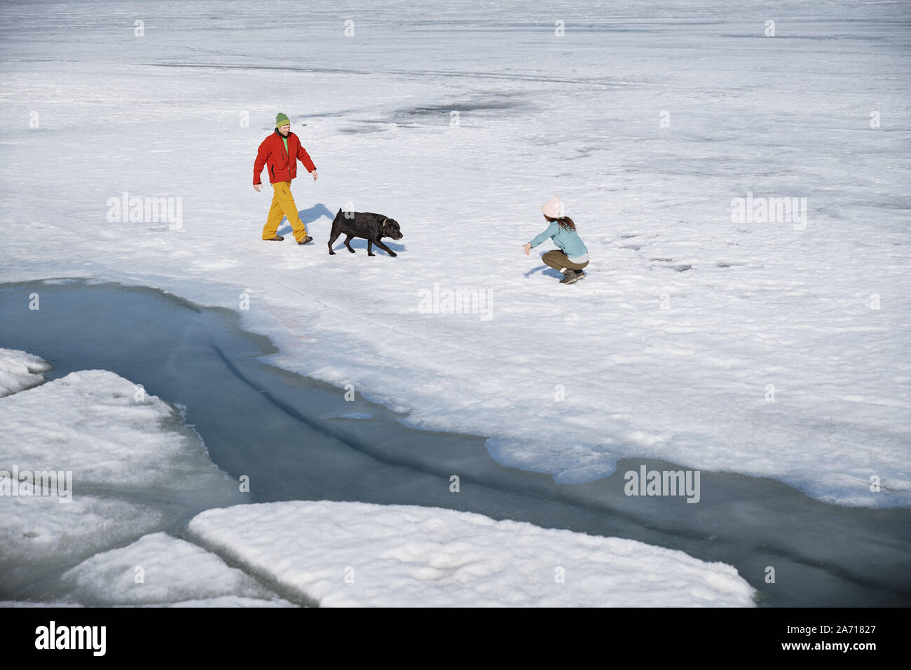 Junge erwachsene Paare im Freien mit Hund Spaß im Winter Landschaft Stockfoto