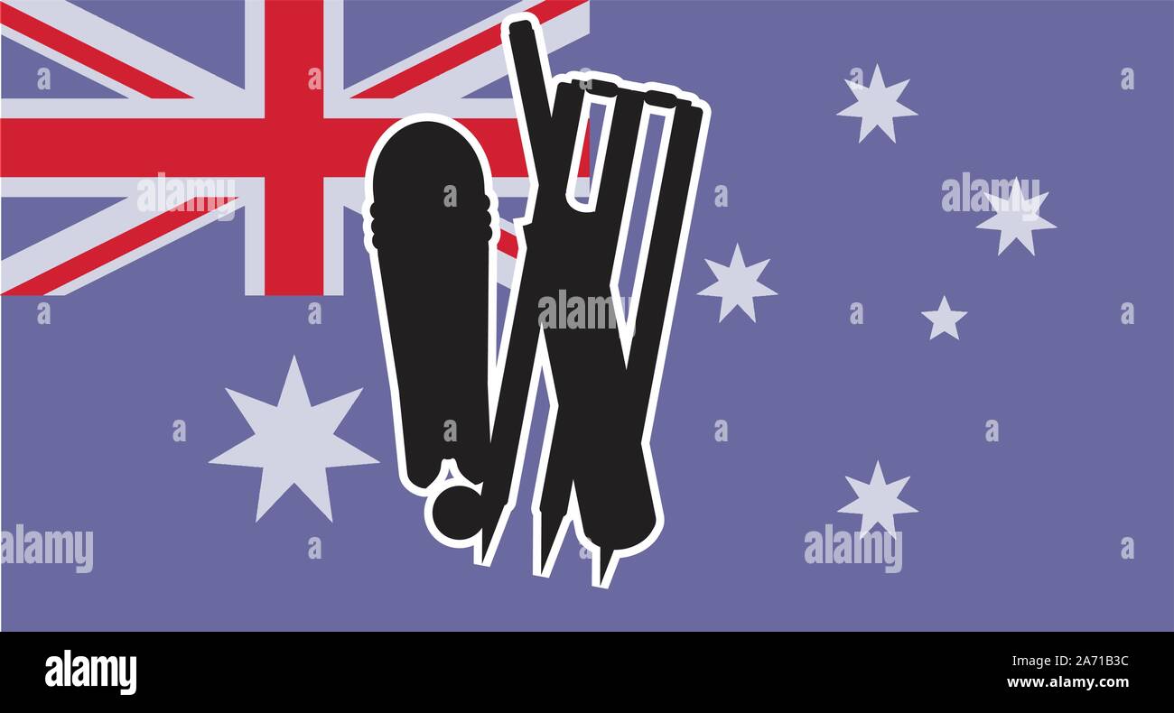 Die Flagge von Australien mit typischen Cricket Symbole in Silhouette Stock Vektor