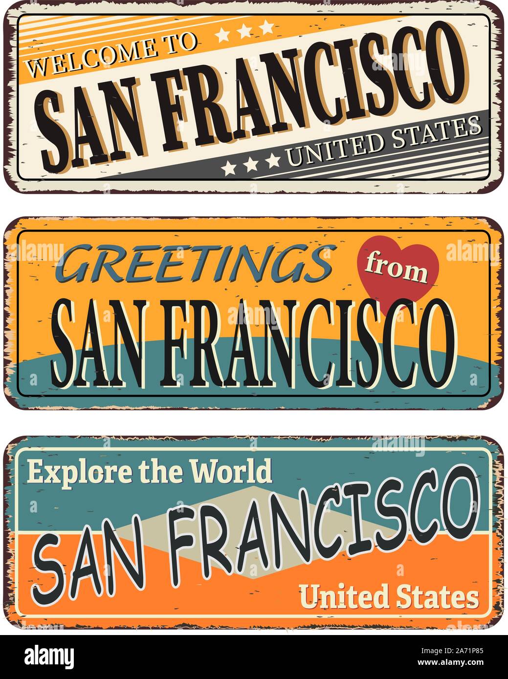 Touristische Retro Vintage Gruß Zeichen, typografische Hintergrund Willkommen in San Francisco, Vektor Design. Textur Effekte können problemlos ausgeschaltet werden. Stock Vektor