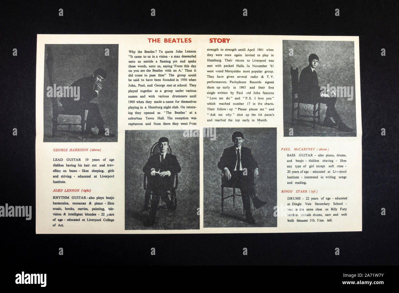 Replica Erinnerungsstücke über die Beatles: Profile innerhalb des Programms für die Beatles Auftritt auf der Royal Hall Harrogate, 8. März 1963. Stockfoto