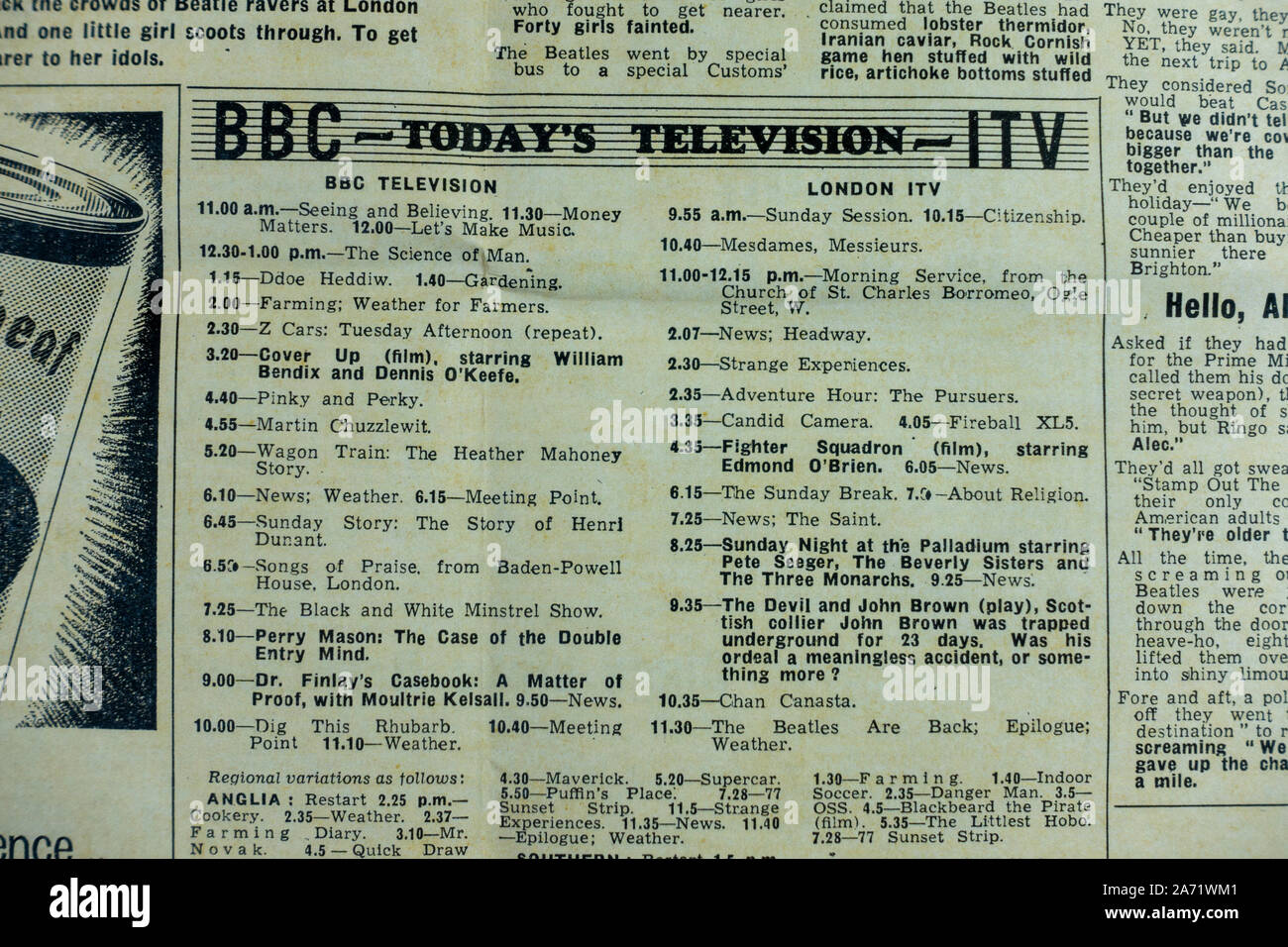 Die tv-show Listing, mit nur zwei Kanäle (BBC & ITV) in den Sonntag Bürger-zeitung (23. Februar 1964). Stockfoto