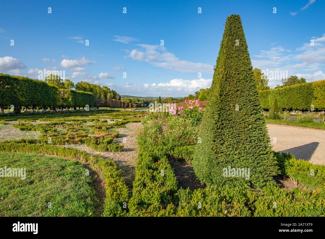 Champs-sur-Marne, Frankreich - Oktober 6, 2019: Blick auf ein klassischer französischer Garten mit Eibe Strauch in Pyramidenform im Vordergrund beschnitten werden, berücksichtigt Stockfoto