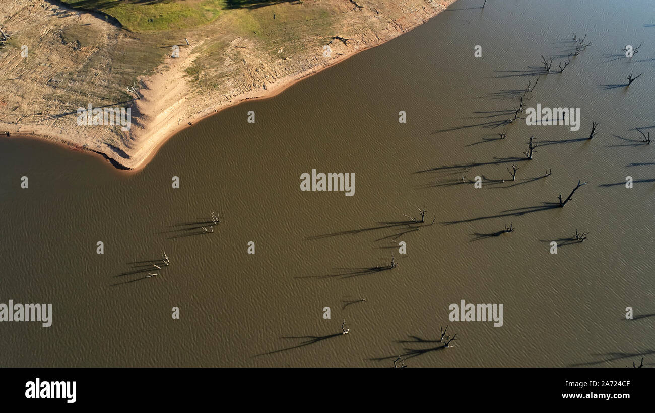 Niedriger höhe Luftbild von toten Bäumen und Behälter Bank Zeigt niedrigen Wasserstand. Der Damm wurde bei 39% an dem Tag, an dem das Bild aufgenommen wurde. Stockfoto