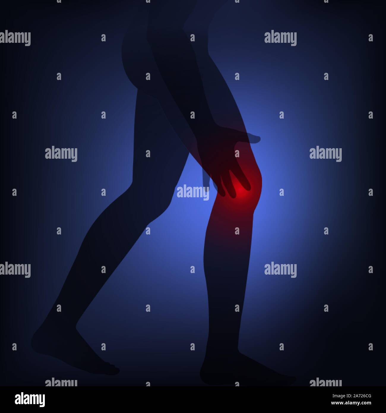 Mann silhouette Touch knie, Schmerzen. Gesundheit Probleme Konzept, Arthritis, Gicht, geplatzte Ligament, Vector Illustration Neonlicht Stil, Low Poly. Stock Vektor