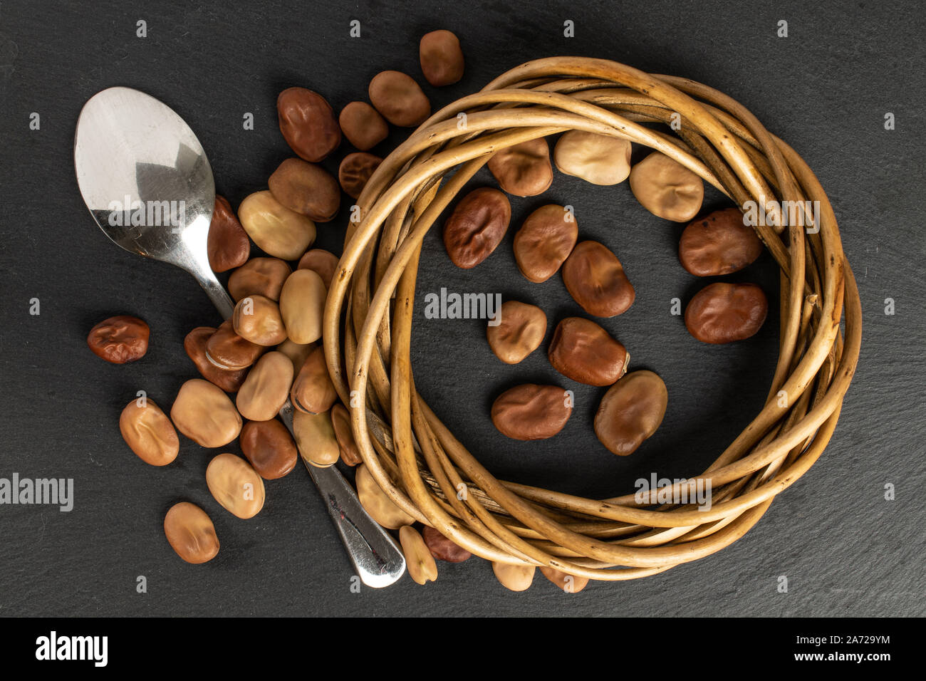 Menge ganze Frische braune Bohne Vicia faba mit Metall Teelöffel im Stroh nest flatlay am grauen Stein Stockfoto