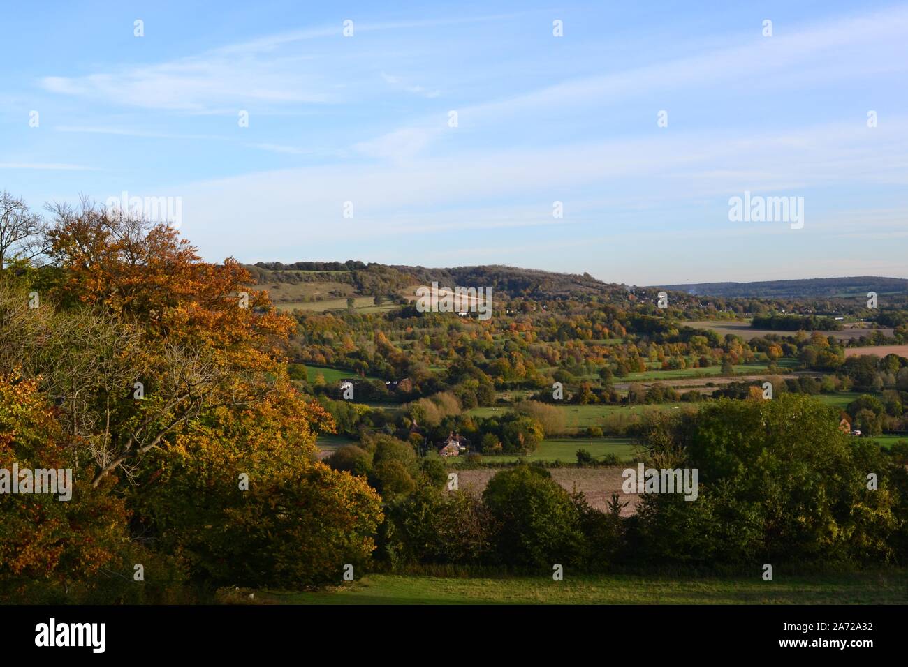 Blick auf die North Downs oben Shoreham, Kent, mit Blick über das Tal von Darent Meenfield Woods im Herbst an einem klaren Tag Stockfoto