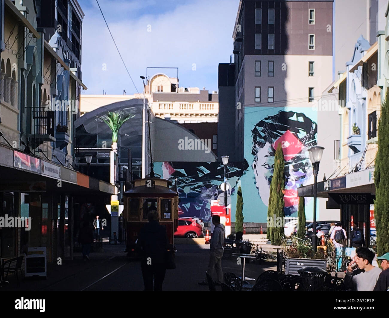 Die schönen pastellfarbenen alten historischen Gebäuden der Neue Regent Street, Christchurch, Neuseeland Stockfoto
