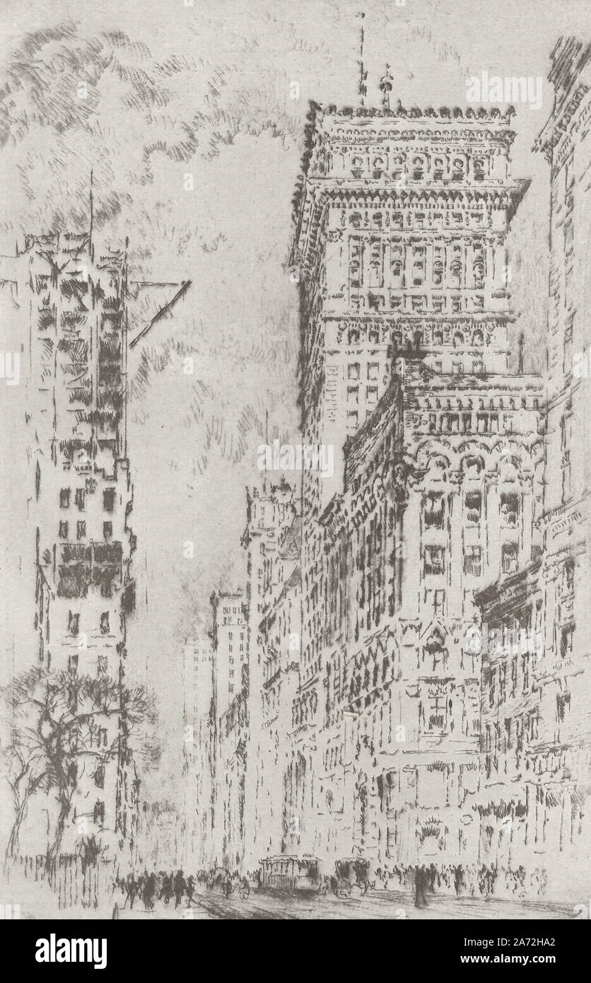 Die goldenen Gesims, 100 Broadway und Wall Street, New York City, gezeichnet von Joseph Pennell, ca. 1905 Stockfoto